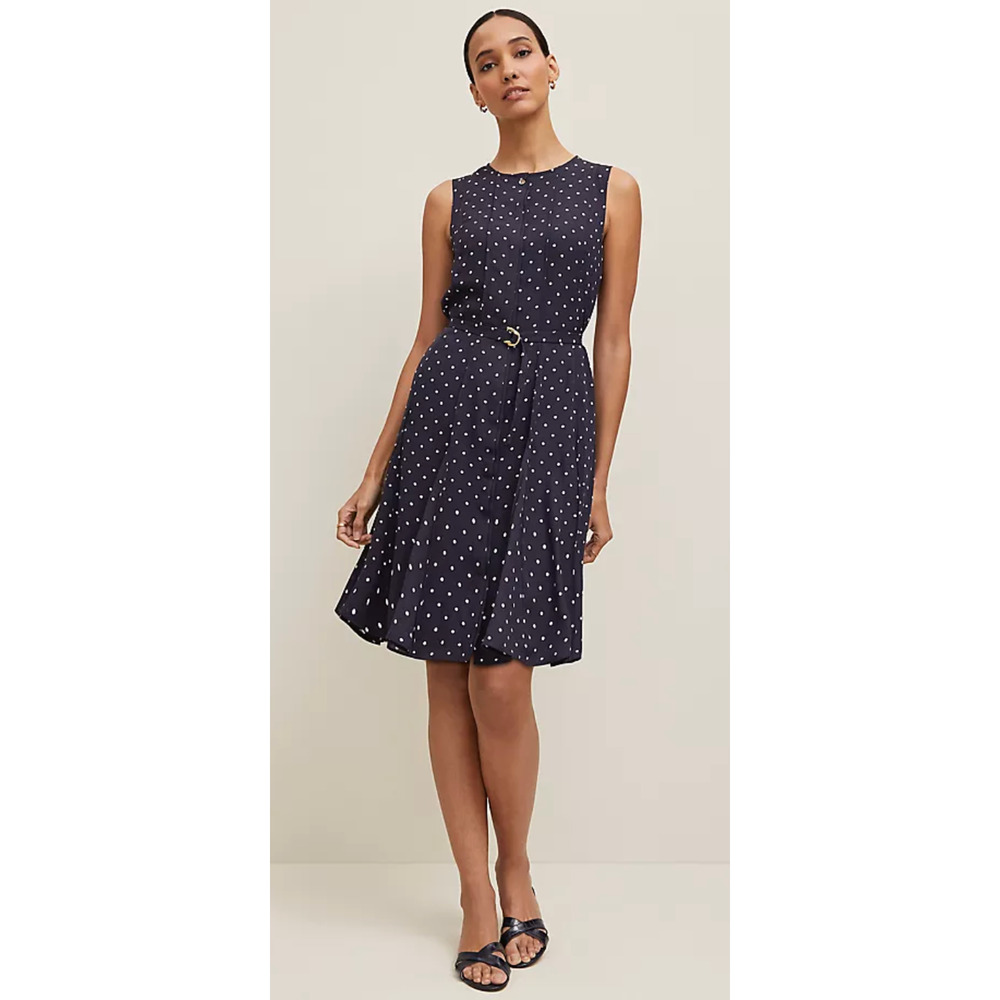 NWT ANN TAYLOR NIGHT SKY WHITE DOTTED BELTED FLARE DRESS SZ 14